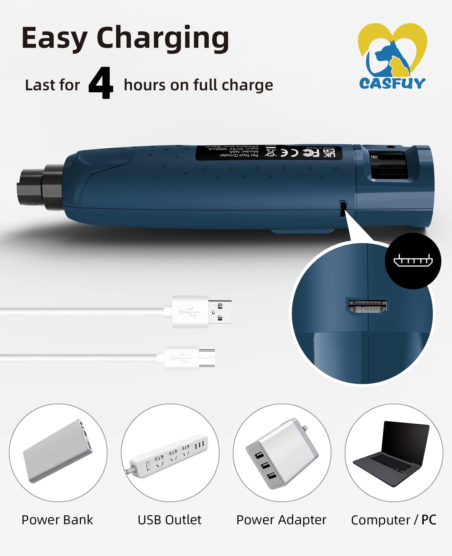 Casfuy Dog Nail Grinder Quiet - (45db) 6-Speed Pet Nail Grinder with 2 LED Lights for Large Medium Small Dogs/Cats, Professional 3 Ports Rechargeable Electric Dog Nail Trimmer with Dust Cap