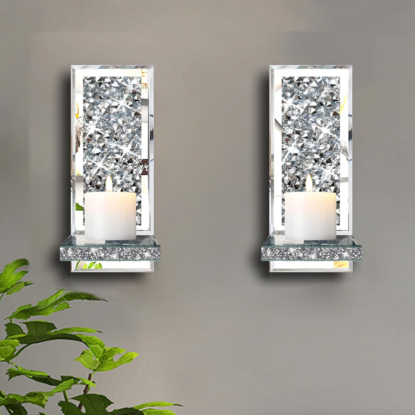 ZOLAPI Set of 2 Crystal Crush Diamond Candle Sconces, Gorgeous Silver Mirrored Wall Sconce, Candle Holder Glass Wall Decorations for Home Décor, Living Room, Dining Room. 1A