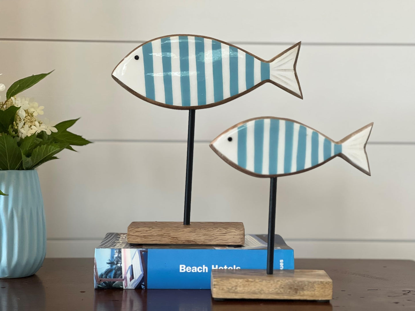 WHW Whole House Worlds Beach Chic Striped Fish Figurines, Set of 2, Glossy Blue and White, Wood, Post Mounted, Rectangle Gallery Base, 8.25 Inches