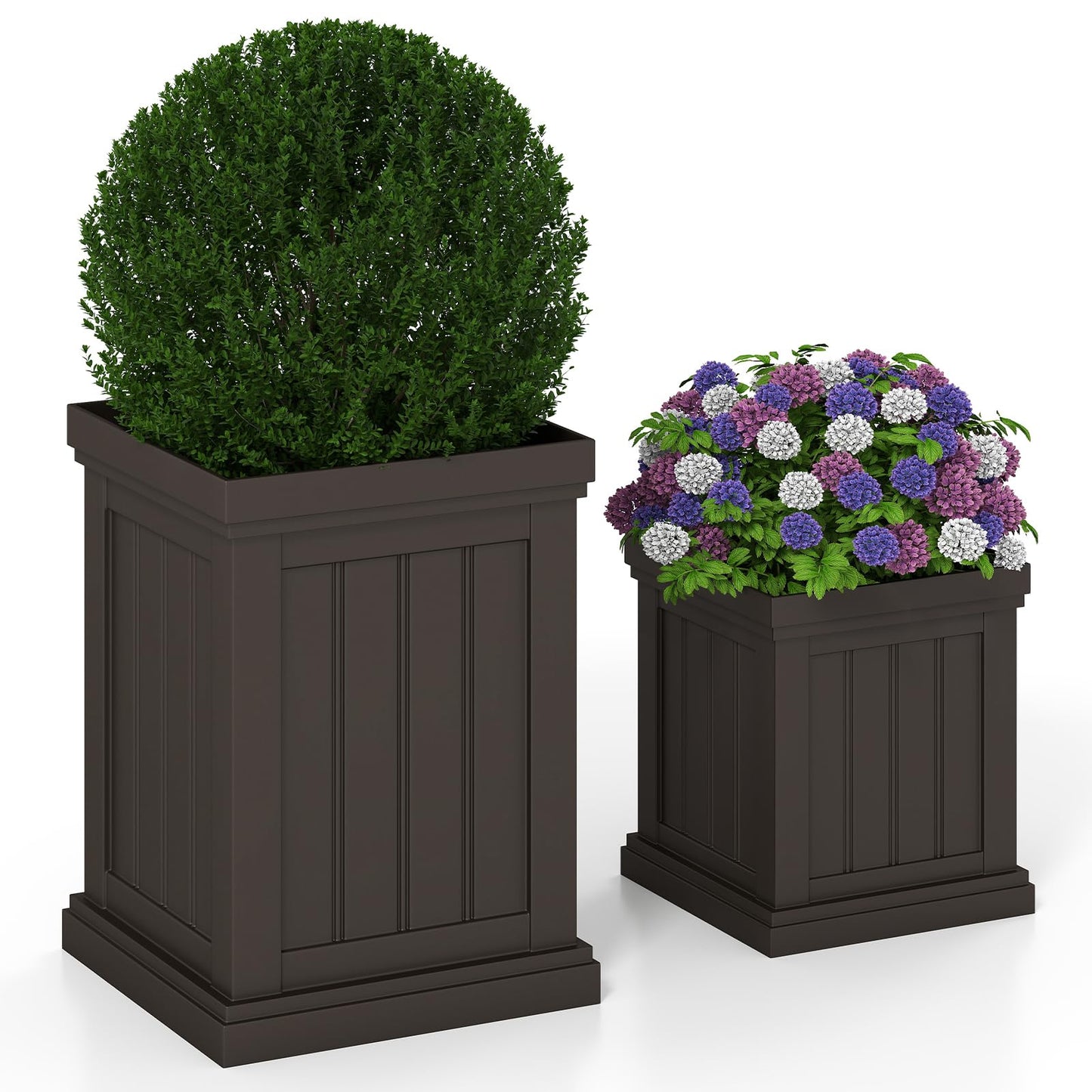 Giantex Square Plastic Planters Set of 2, 19" Large & 13” Small Flower Pots with/Drainage Holes & Nesting Design, Indoor Outdoor Decorative Plant Containers for Front Porch Home Garden Patio (Brown)