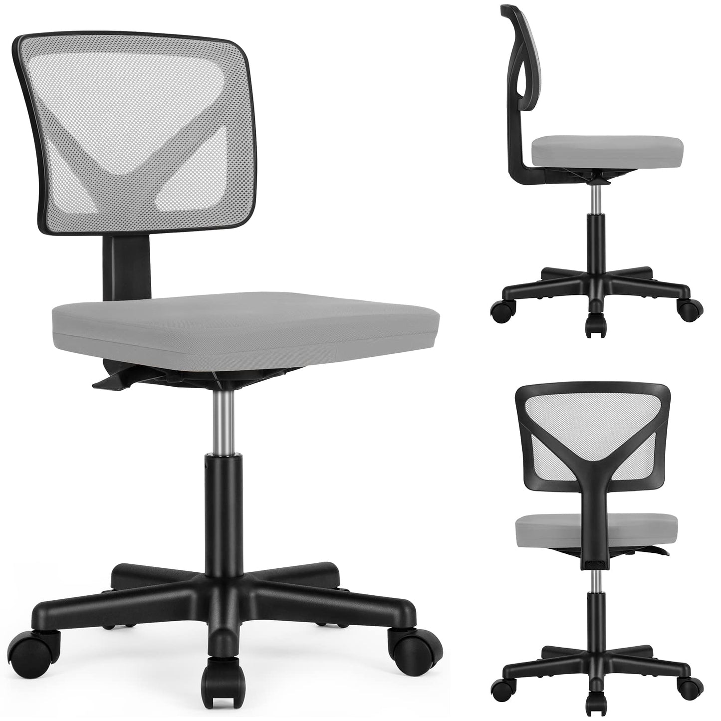 Sweetcrispy Office Computer Desk Chair, Ergonomic Low-Back Mesh Rolling Work Swivel Chairs with Wheels, Armless Comfortable Seat Lumbar Support for Home, Bedroom, Study, Student, Adults, Grey
