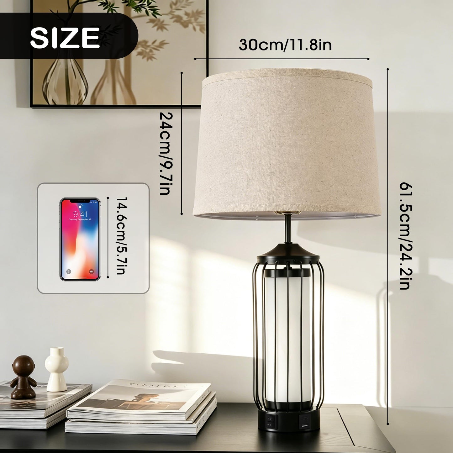 WELAISA-2 Pack Farmhouse Table Lamps for Living Room, Rustic Nightstand Lamp for Bedroom with USB A+C Charging Ports, Frosted Glass Bedside Lamp with Night Light for Entryway End Table