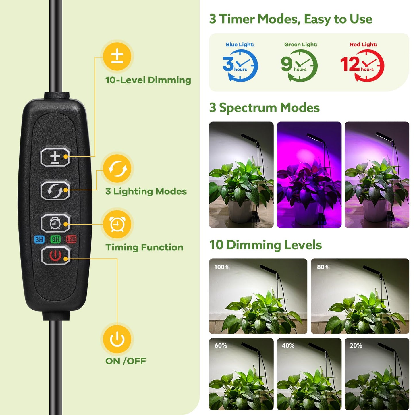YUYMIKA Grow Lights for Indoor Plants Full Spectrum, 48 LEDs Plant Light for Indoor Plants with 2 Mounting Options, 3 Optional Spectrums, 3/9/12Hrs, 10 Brightness, 7"-26" Height Adjustable (Black)