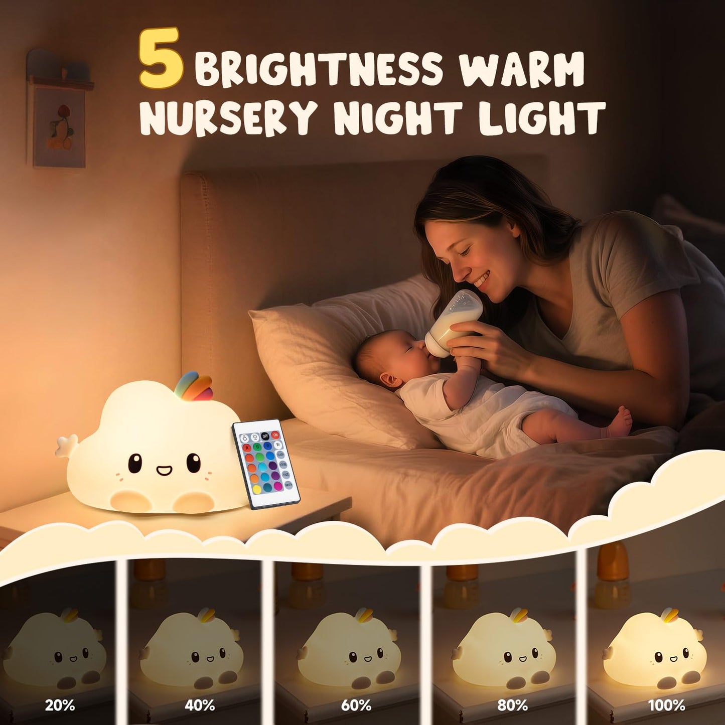 One Fire Baby Night Light Kids, 16 Colours+Remote Control+Silicone+Dimmable+12H Use Kids Night Light, Bedroom Lamp Girls Bedroom Accessories Cloud Gifts for Girls Kawaii Baby Gifts 0-6 Months