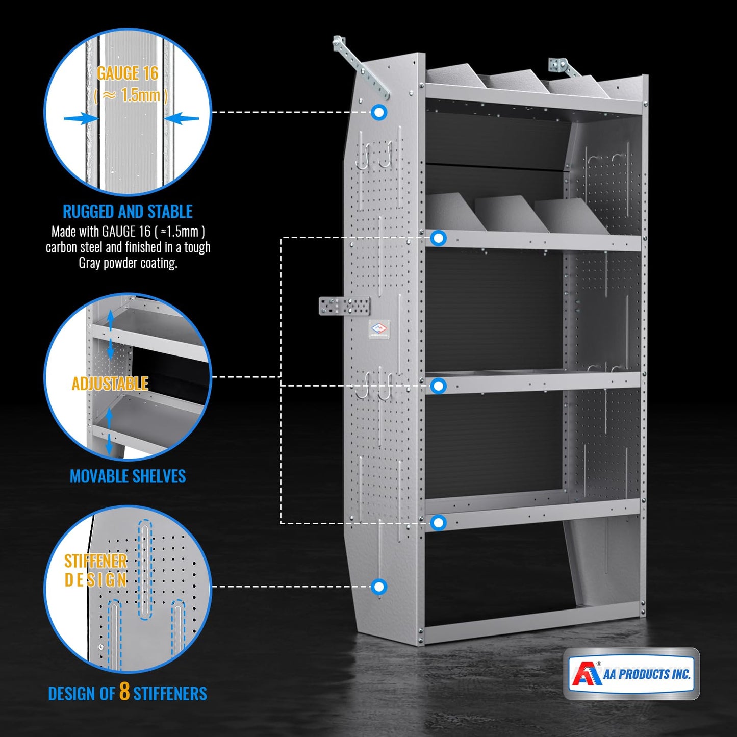 AA Products SH-6003 Steel Mid/High Roof Van Shelving Storage System Fits Transit, NV, Promaster and Sprinter, Van Shelving Units, 32''W x 60''H x 13''D