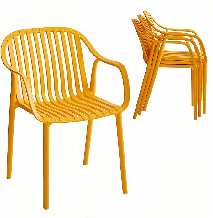Modern Stackable Outdoor & Indoor Plastic Dining Chairs Set, Armchairs Set, Weather-Resistant, Ideal for Patios, Cafes, and Home Use, Set of 4 (Mustard Yellow)