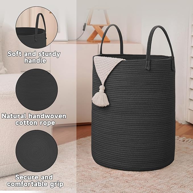 Large Woven Laundry Basket Hamper, 80L Cotton Rope Storage Bin