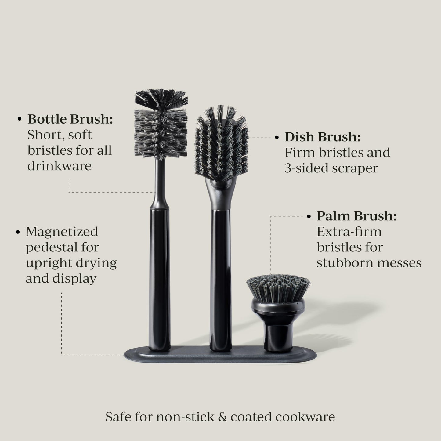 Curio Home Goods Ionic Brush Set, Magnetized to Stand Upright, Stainless Steel with Replaceable Heads, Onyx/Black