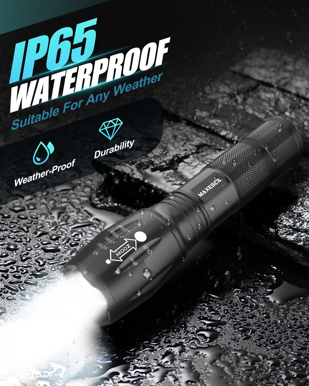 Maxesla Rechargeable LED Torch Set High Lumen, IP65 Waterproof, 5 Modes, Zoomable Pocket Torch Led Super Bright Flashlight, Battery Powered Torch for Camping, Hiking, Outdoor, 18650 Battery Included