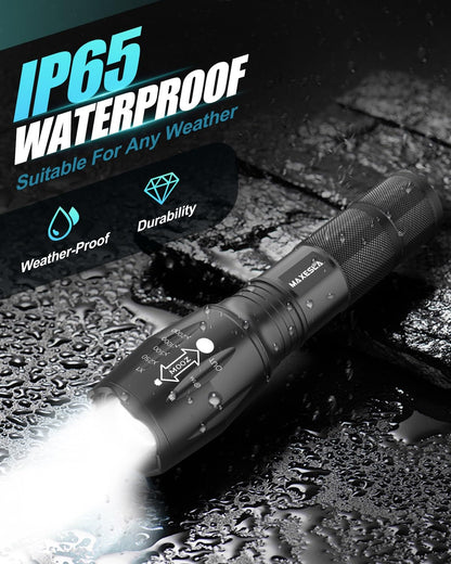Maxesla Rechargeable LED Torch Set High Lumen, IP65 Waterproof, 5 Modes, Zoomable Pocket Torch Led Super Bright Flashlight, Battery Powered Torch for Camping, Hiking, Outdoor, 18650 Battery Included
