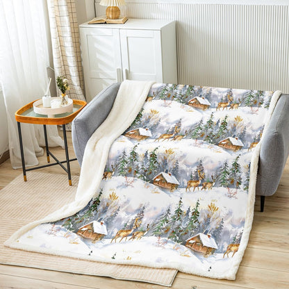 Feelyou Elk Printed Sherpa Blanket Wild Animal Pattern Fleece Throw Blanket for Sofa Couch Christmas Theme Plush Blanket Winter Nature Tree Deer Room Decor Throw 50"x60"