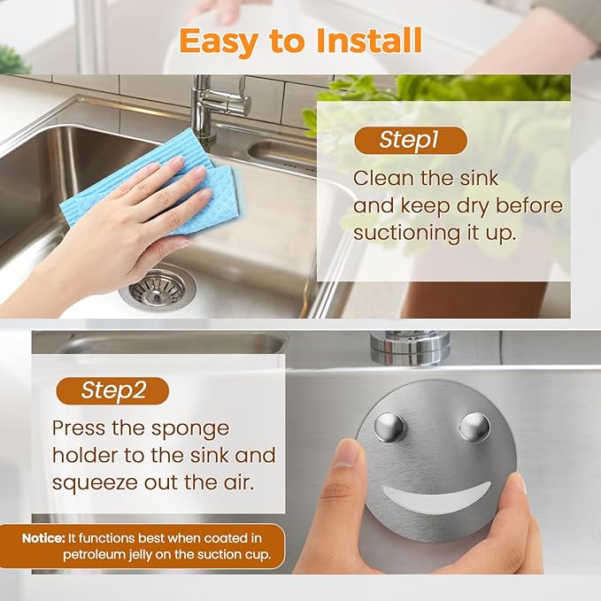 Sponge Holder, Stainless Steel Sink Caddy w/Suction Cup Installation, Sponge