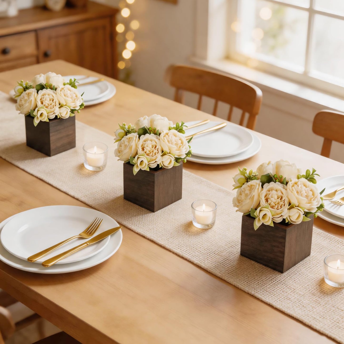 Dahey Small Flower Centerpieces for Tables Set of 3 Artificial Flowers with Wooden Vase Farmhouse Table Decor for Dinning Living Room Kitchen Wedding Party Office Home Decoration