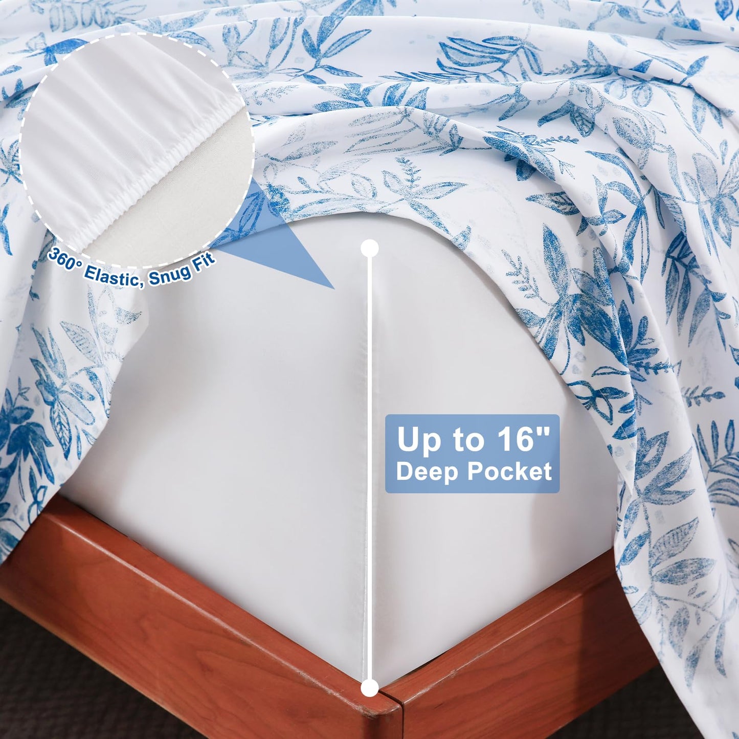 Swiftify Botanical Queen Bed Sheets Set 6-Piece, Boho Floral Brushed Microfiber Sheets, Cooling Bed Sheet Set, Soft & Breathable, 16' Deep Pocket Fitted Sheet & Pillowcase Set, Blue Fern Whisper