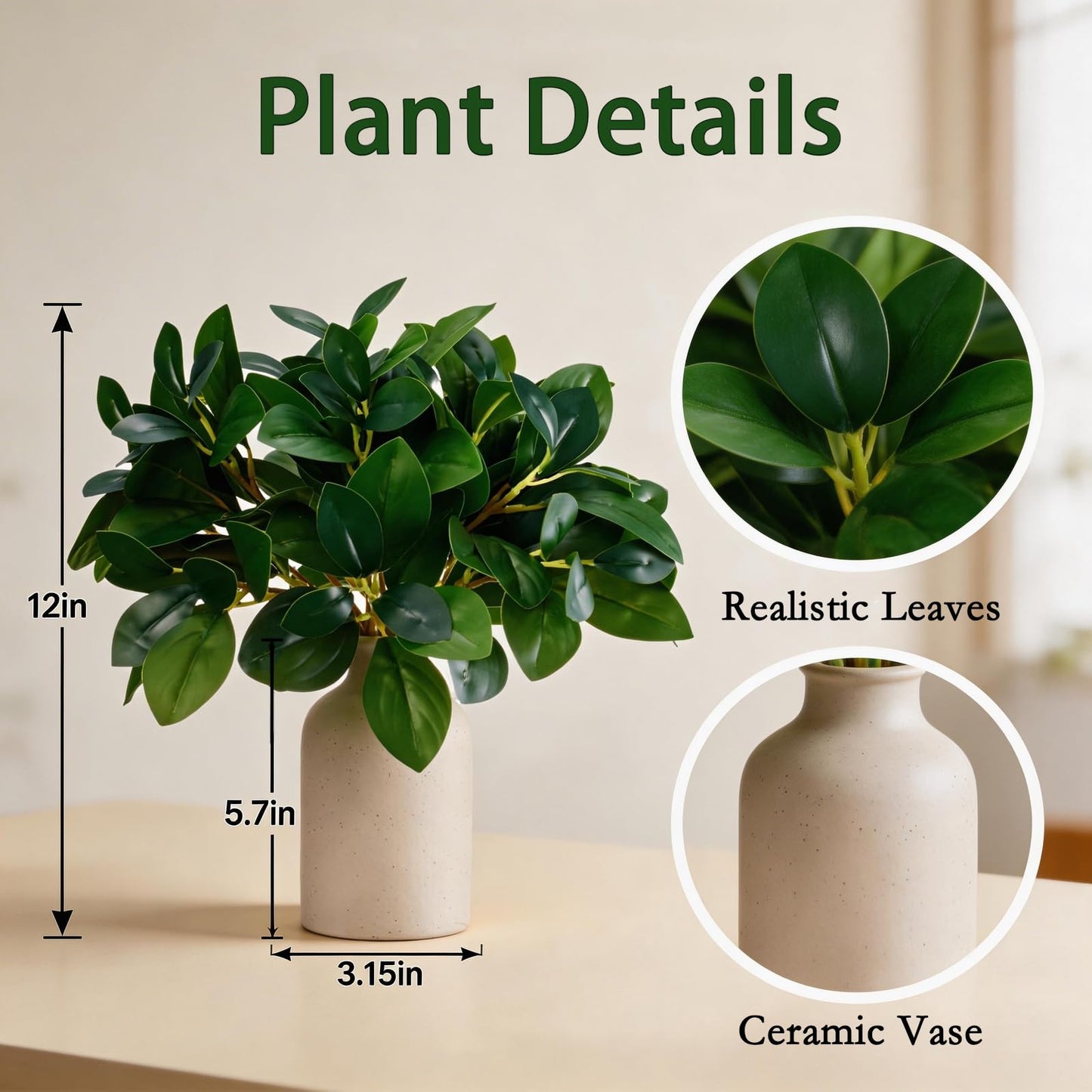 12 Inch Artificial Plant Indoor,Small Fake Plants Eucalyptus Stems With Vase,Faux Greenery In Pot For Farmhouse Home Decor,Bathroom Living Room Kitchen Office Coffee Table Centerpiece (cream white)