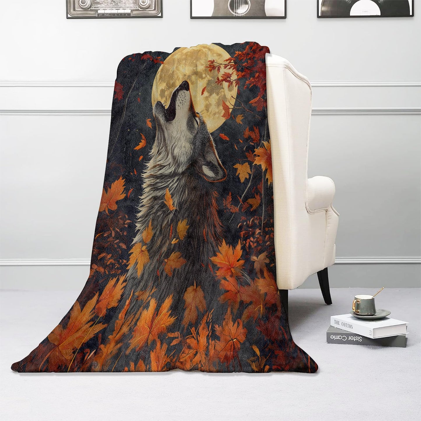 Kibue Autumn Wolf & Moon Blanket - Soft & Cozy Warm Flannel Throw - Plush Lightweight Blankets for Travel, Sofa, Bedroom, Office - Gifts for Adults Women Kids - for All Seasons 60"×50"