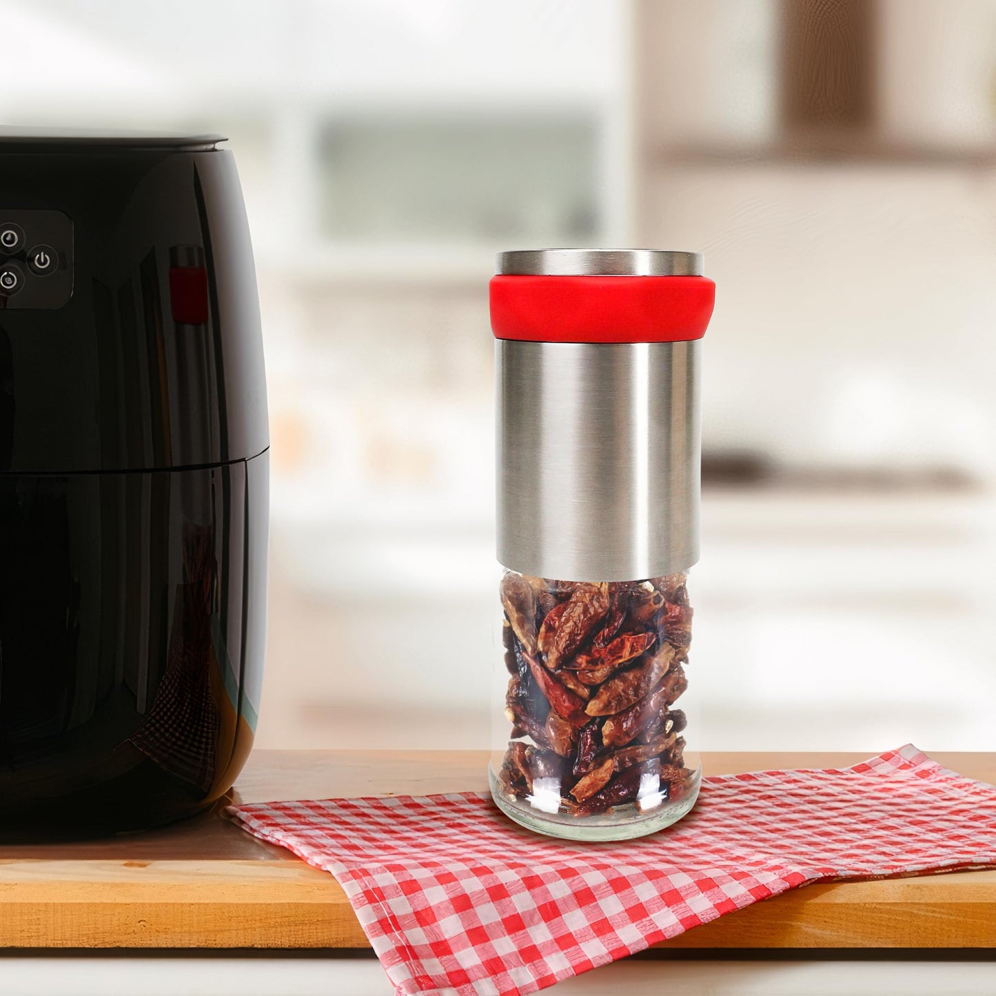 Chili Pepper Mill Grinder, Manual Spice Grinding Mills with Handle for Hot Cumin, Sea Salt or Pepper, Professional Chef Refillable Glass Body, Small 3Oz Capacity, Stainless Steel Blades