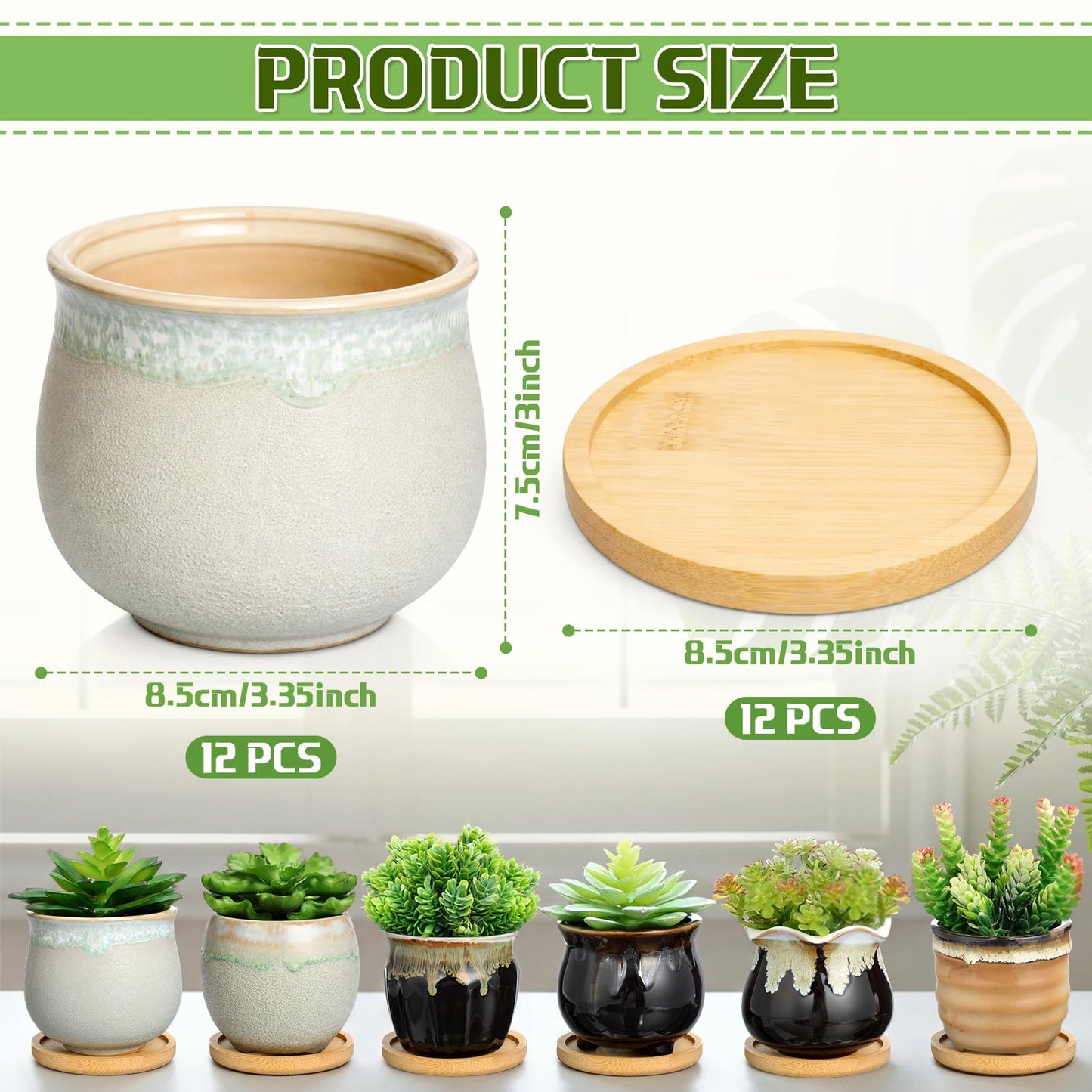 Remerry 12 Pcs Small Succulent Pots Bulk with Drainage Assorted 3.5 Inch Mini Ceramic Succulent Planters Pot with Coaster Bamboo Plant Tray Planting Pots for Home Office Garden