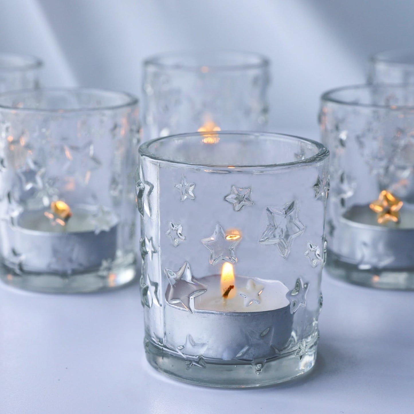 VOHO Votive Candle Holders Bulk Sparkle Stars Design for Centerpiece Table Decorations, Clear Tea Lights Candle Holder Set of 12 for Christmas Themed Party, Baby Shower, Wedding