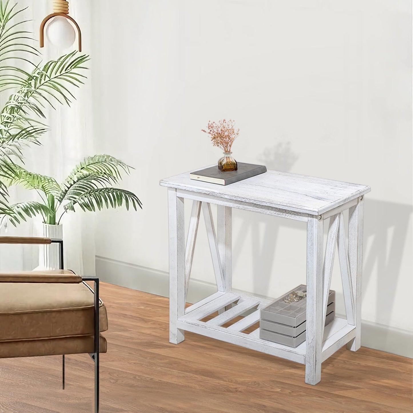 FEUFOAM Farmhouse Narrow End Table Wooden Rustic White Side Tables with Storage Shelves Narrow Sofa Table for Small Spaces Living Room Bedroom Bathroom Dorm