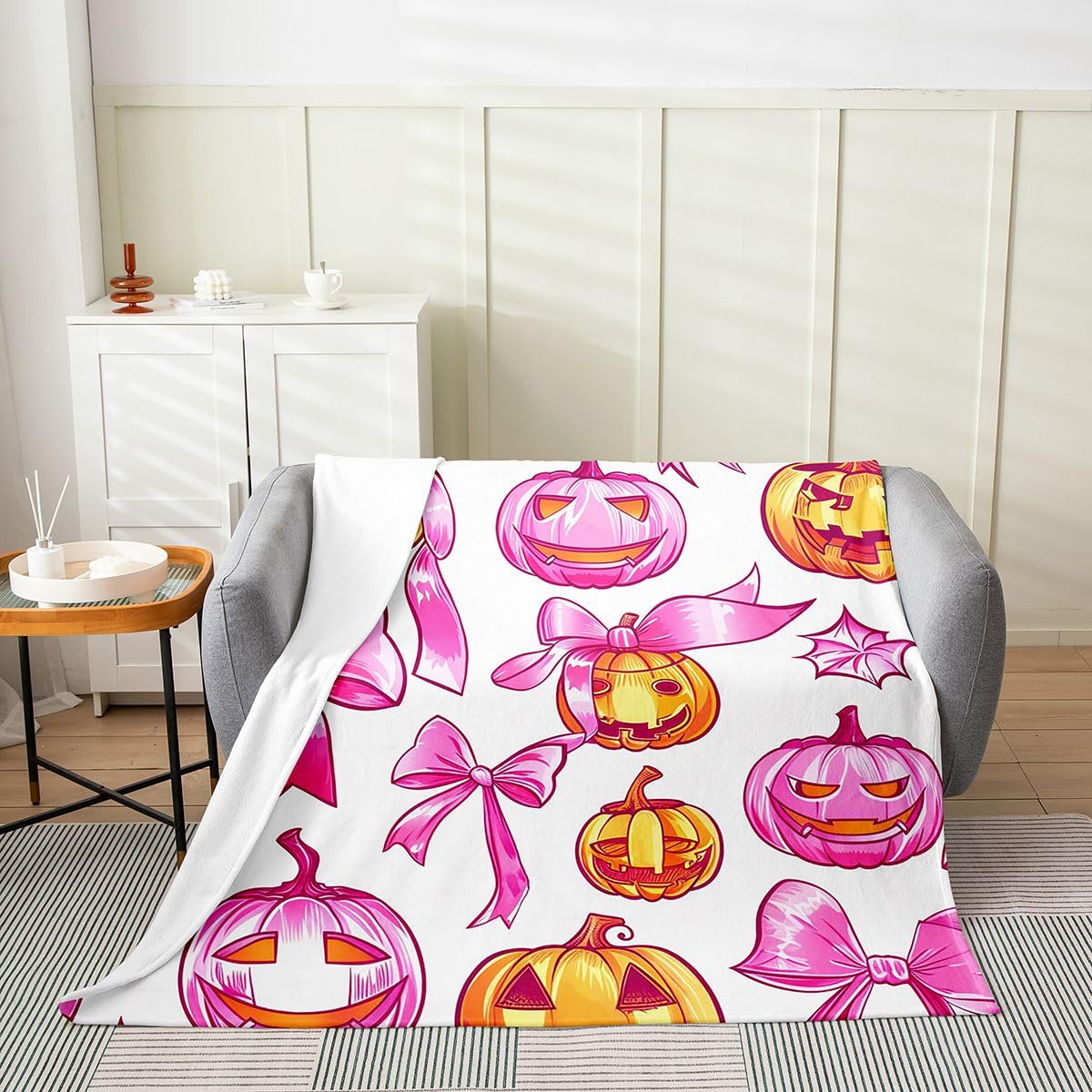 Feelyou Spooky Pumpkin Plush Throw Blanket Halloween Themed Flannel Blanket Throw 50"x60" Bowknot All Season Pink Orange for Couch Bed Sofa Spooky Pumpkin Bedroom Decor