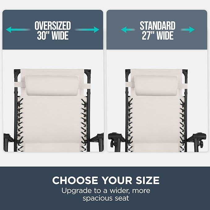 Best Choice Products 30” Wide Folding Zero Gravity Outdoor Recliner Patio Lounge Chair w/Adjustable Canopy Shade, Headrest, Side Accessory Tray - Ivory