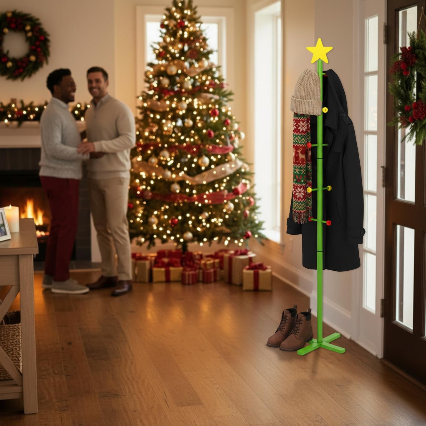 Capoda 71 Inch Christmas Stocking Holder Stand for Floor, Freestanding Wooden Christmas Tree Star Stocking Rack with 10 Hooks Hanger Stand for Xmas Winter Holiday Room Decoration