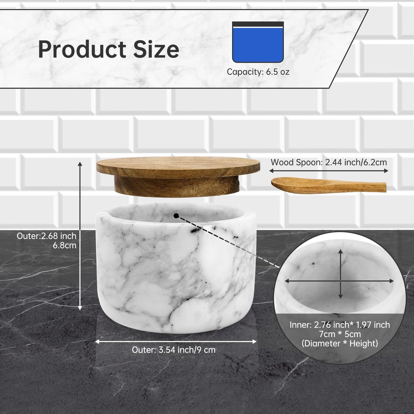 RAETTER.LY Salt and Pepper Bowl, Marble Salt Cellar and Spices Storage Container With Built-in Spoon and Acacia Wood Lid - 6.5oz Capacity (White)