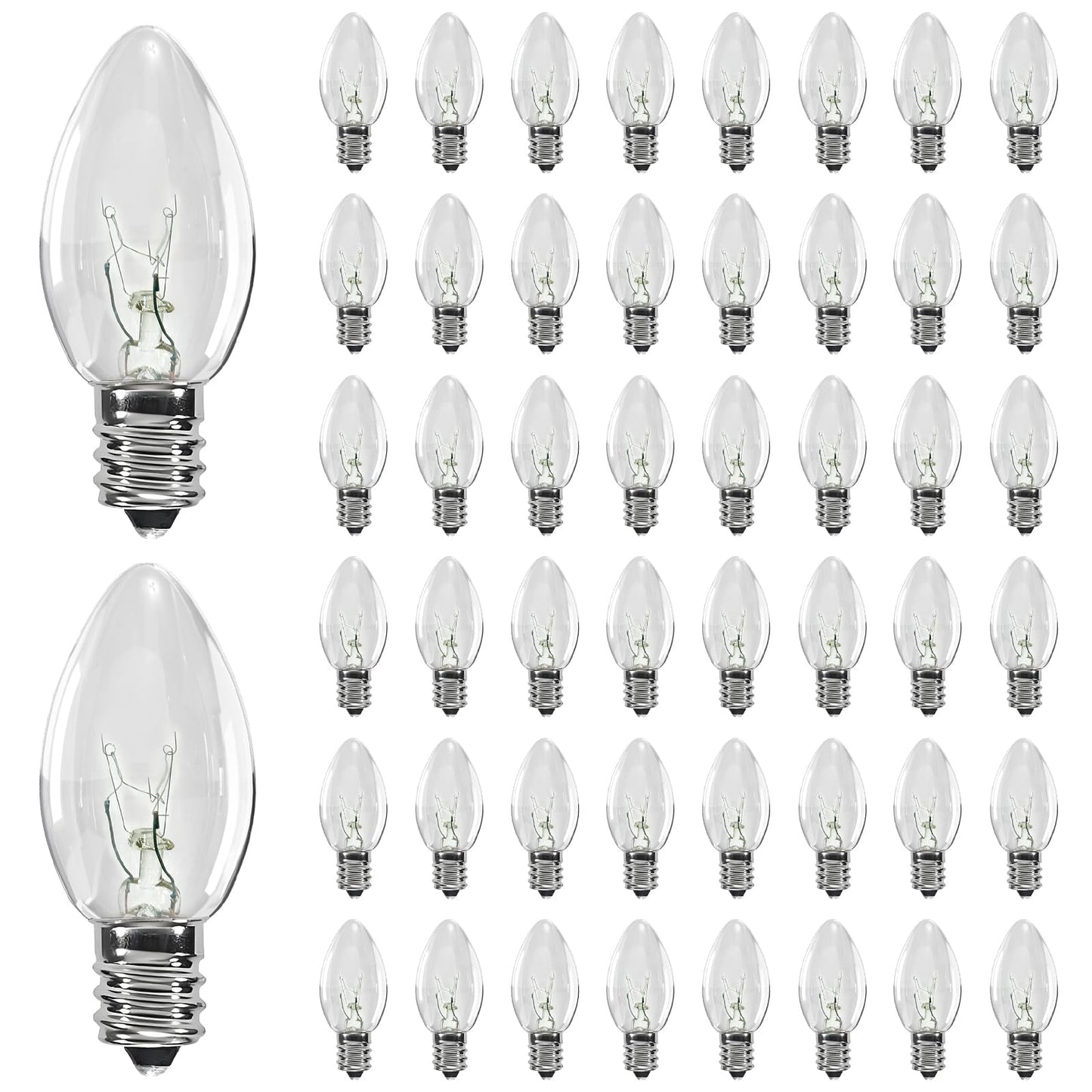 50 Pack C7 Warm White Incandescent Light Bulbs, C7 Clear Replacement Bulbs for Outdoor Patio String Lights, 5 Watt Night Lights for Valentine's Day Christmas Holiday Wedding, E12 Candelabra Base