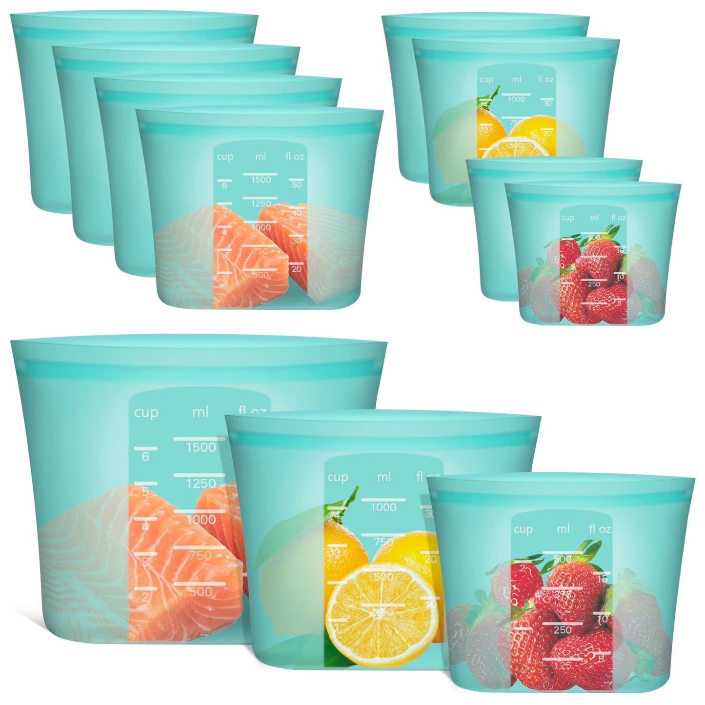 Reusable Food Bags, 12 Pack 100% Silicone Food Storage Bags Stand Up Zip Lock Container, Freezer Microwave Oven Dishwasher Safe, 4 Medium 4 Small 4 Extra Small, Aqua
