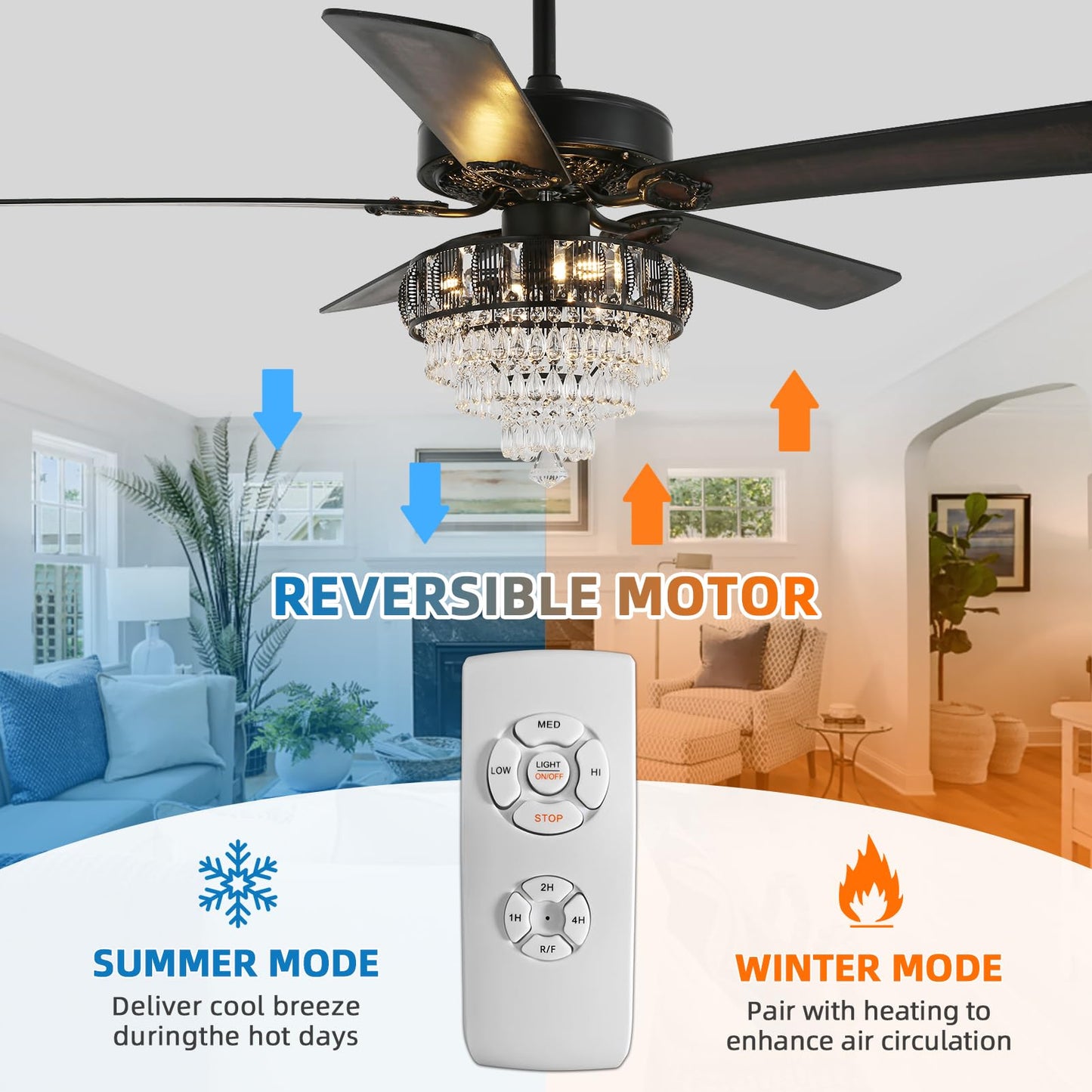 RIENAZA Modern Crystal Ceiling Fans with Lights and Remote Control, Farmhouse Retro Black Ceiling Fan Light, 52 Inch Fandelier Ceiling Fan for Living Room, Dining Room, Bedroom, Office