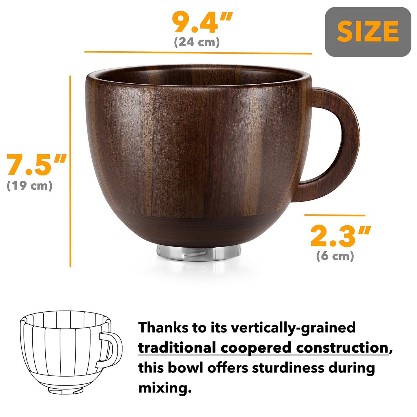 SpaceAid Wooden Bowl with Handle, Kitchen Space Aid Acacia Wood Mixing Bowls Holder for Stand Mixer, Compatible with 4.5 & 5 QT Tilt-Head Models Kitchen, Natural Wood
