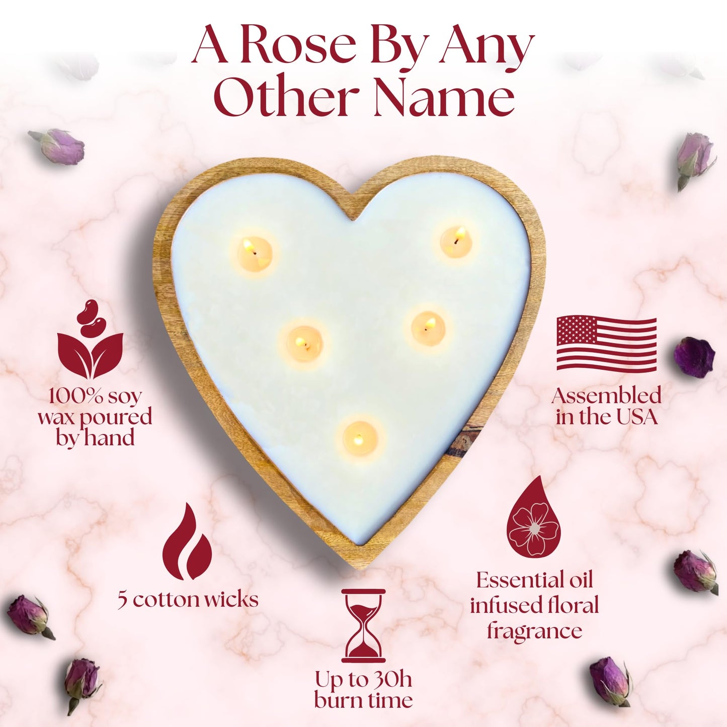 Dough Bowl Candle Co. Rose Candle - 10x10x2 Large Heart Shaped Scented Soy Candles for Women, Valentines Day Decor Gifts for Home, 5 Wick White Decorative Natural Aromatherapy, 30 Hour Burn Time