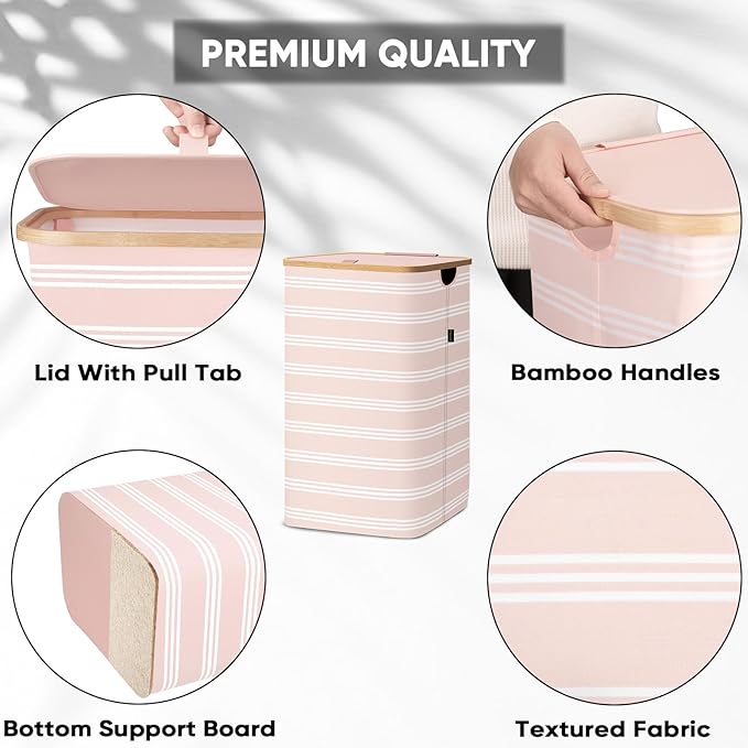 BALEINE Laundry Hamper with Lid, Tall Laundry Baskets with Bamboo Pull Handles