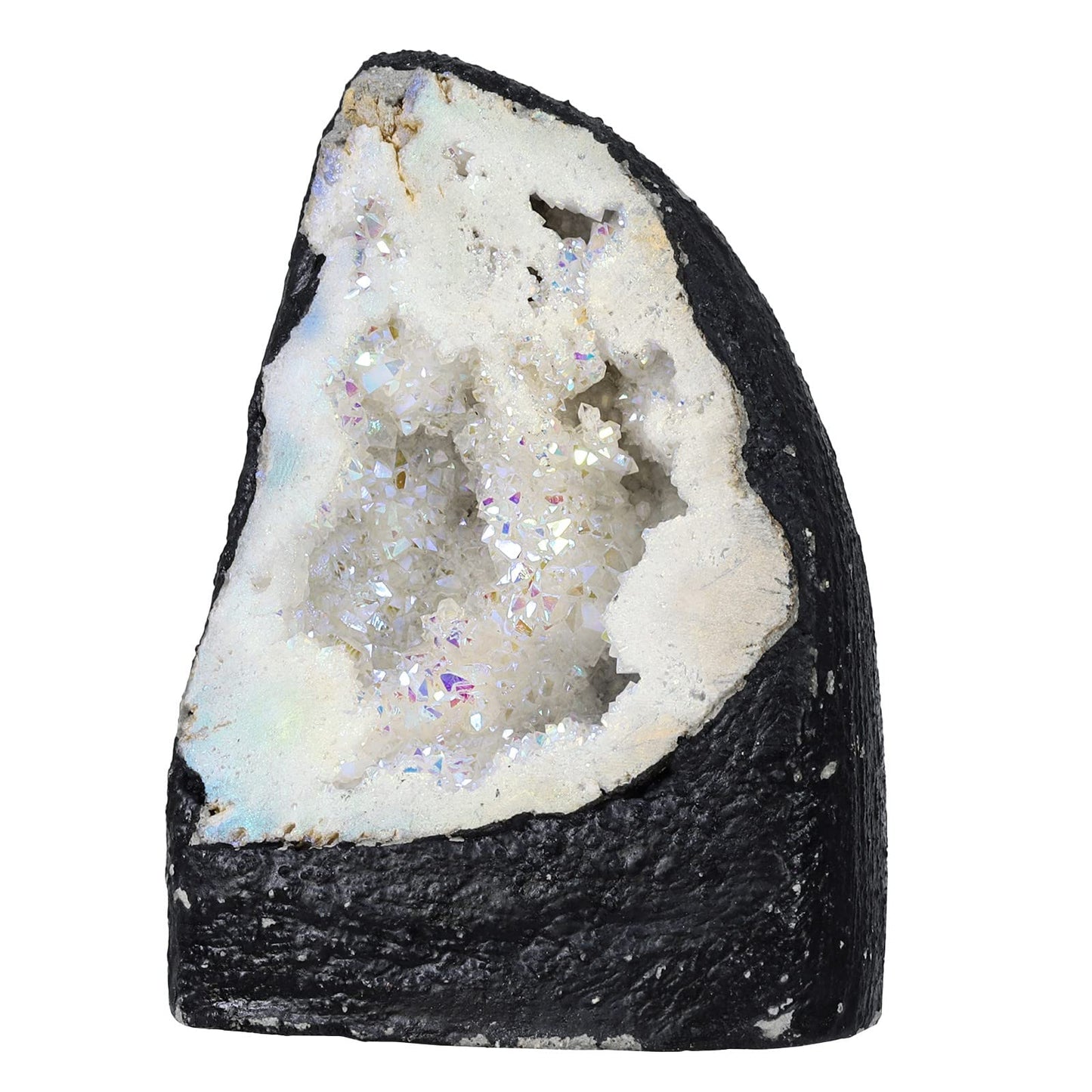 SUNYIK Natural Rainbow Titanium Coated Quartz Geode Quartz Crystal Cluster Specimen for Home Office Decoration Reiki Healing Meditation, 200-370g(0.4-0.8lb), White AB Crystal