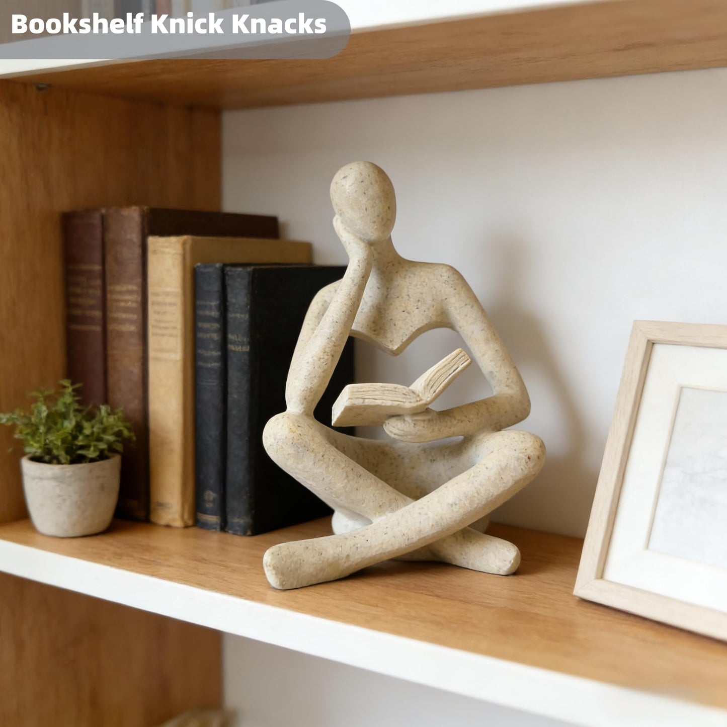 LWDUDE Reading Thinker Statue, Grey Abstract Sculpture for Bookshelf Knick Knacks, Minimalist Decor for Coffee Table, Office Desk, Living Room Shelf Decor - Modern Home Accents (Grey)