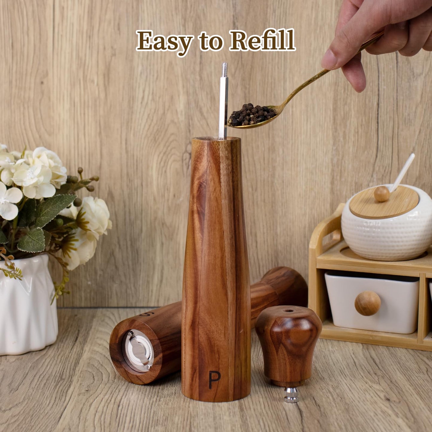 Haomacro 2 Pack 10 Inch Acacia Wooden Salt and Pepper Grinder Set, Manual Salt and Pepper Mills, Salt Grinder Refillable with Adjustable Coarseness, Ceramic/Stainless Steel Core Tableware Gifts