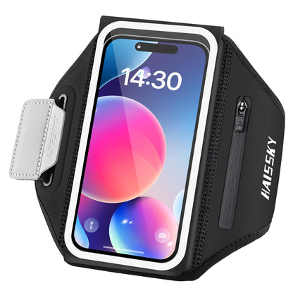 Running Armband with Earphone Bag Cell Phone Armband for iPhone 17 16 15 Pro 14 Plus 13 11 XR, Galaxy S24/S10 Water Resistant Sports Phone Holder Case & Zipper Slot Car Key Holder for 6.9 inch Phone