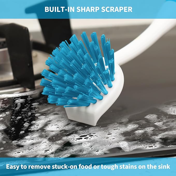 Dish Brush with Handle, 2 Pack Scrub Brushes with Built-in Scraper