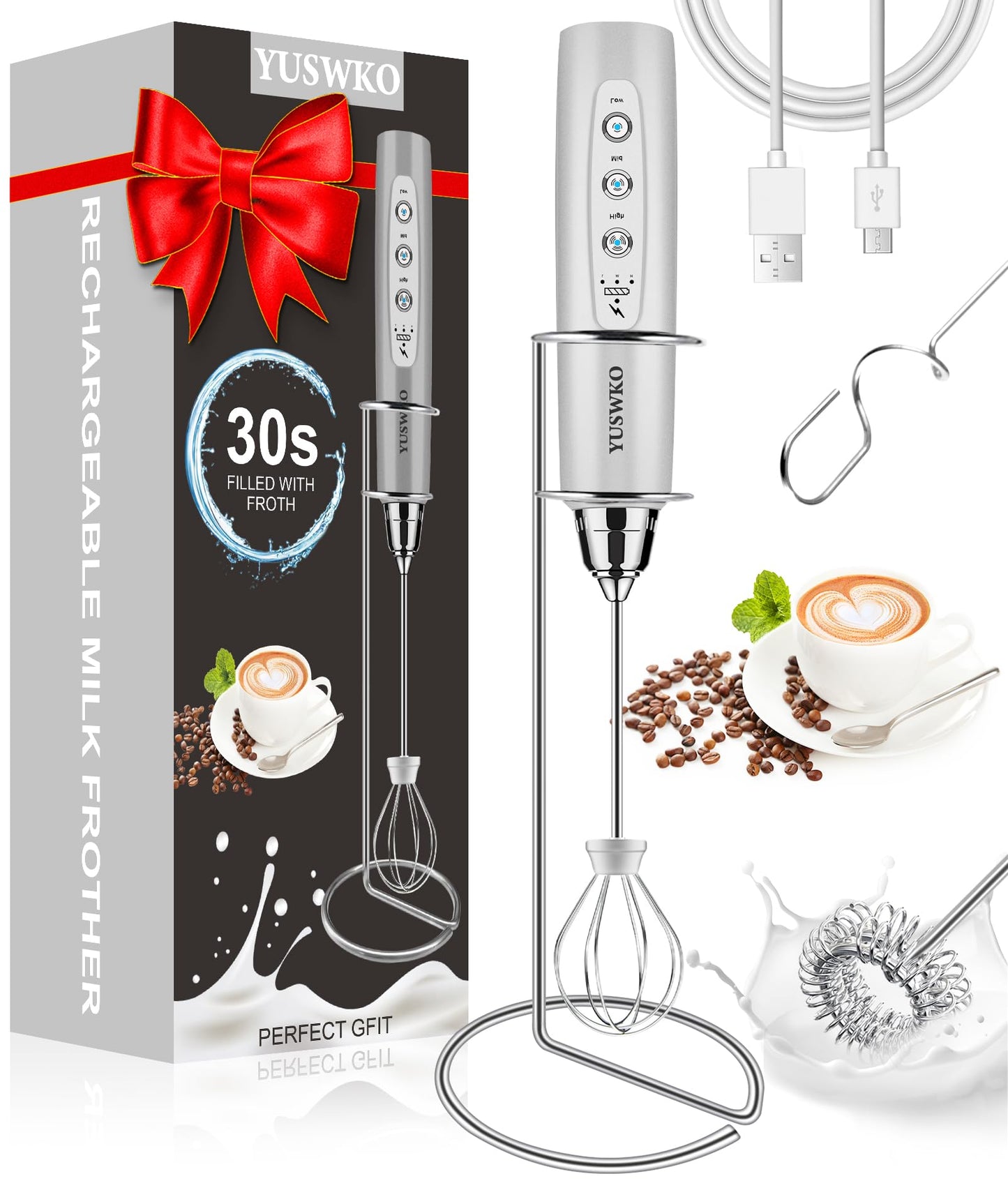 YUSWKO Black Handheld Milk Frother Wand for Coffee, Rechargeable Electric Whisk with 3 Heads 3 Speeds Drink Mixer Coffee Frother For Latte, Cappuccino, Hot Chocolate, Egg