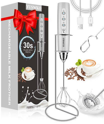 YUSWKO Black Handheld Milk Frother Wand for Coffee, Rechargeable Electric Whisk with 3 Heads 3 Speeds Drink Mixer Coffee Frother For Latte, Cappuccino, Hot Chocolate, Egg