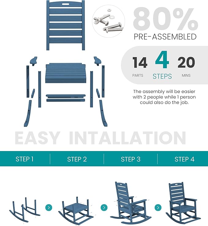 SERWALL Outdoor Rocking Chair Set of 4, Oversized HDPE Patio Rocking Chair with Footrest for Adults, All Weather Porch Rocker for Deck Patio Balcony, Navy