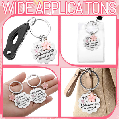 Cunno Christian Gifts for Mother's Day Women Church Religious Keychain Bulk Scalloped with Enamel Sakura Woman of Faith(24 Pcs)