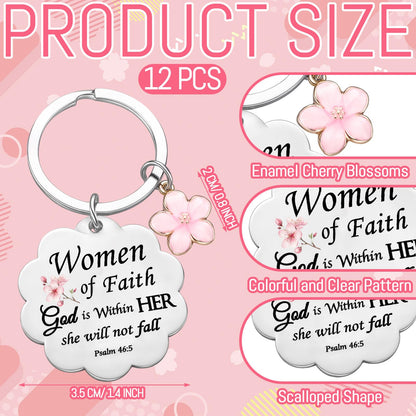 Cunno Christian Gifts for Mother's Day Women Church Religious Keychain Bulk Scalloped with Enamel Sakura Woman of Faith(24 Pcs)
