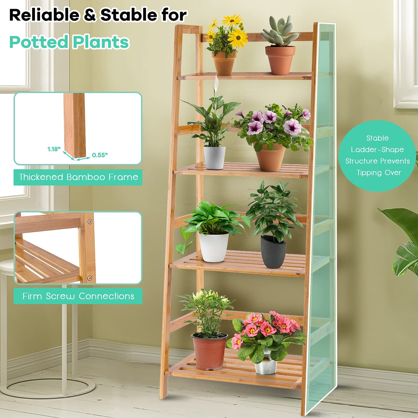 Giantex 4-Tier Bamboo Plant Stand Flower Pots Holder Display Shelf, 47.5inch Ladder Shelf Plants Organizer Rack for Patio Balcony Garden Home, Bookcase Planter Storage Shelving Unit Indoor Outdoor