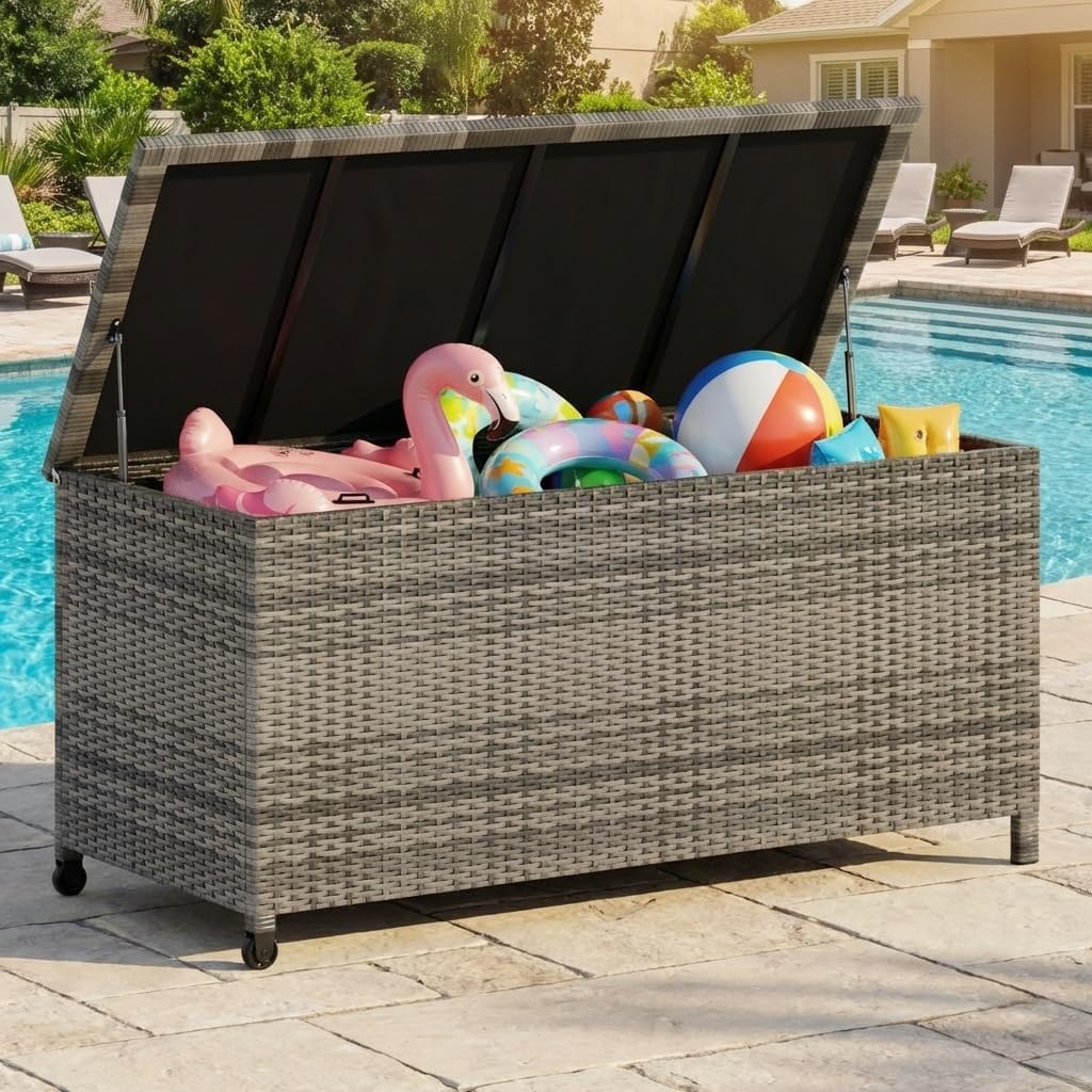 125 Gallon Outdoor Deck Box with Wheels, Waterproof PE Wicker Rattan & Aluminum Frame Storage Bin for Patio Cushions, Garden Tools, Pool Toys, Lockable Patio Furniture(Gray)