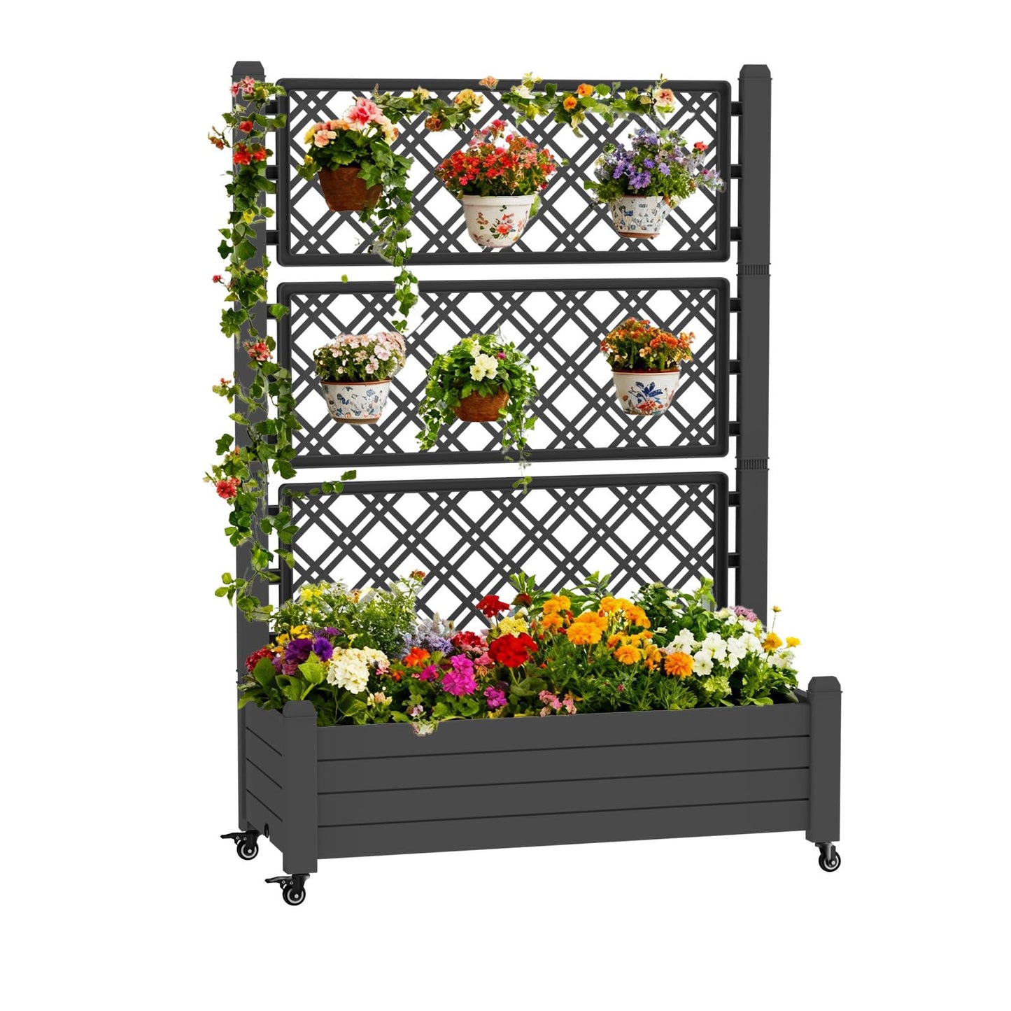 TimberAura 43" x 18" Planter Box with Trellis and Wheels, Large Raised Garden Bed with Cucumber Trellis for Climbing Plants, Outdoor Elevated Planter with Self-Watering & Drain Plug (Black)