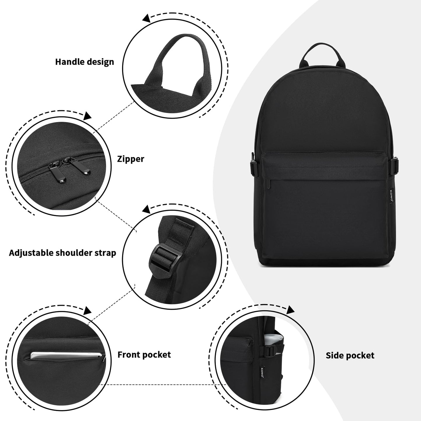 Kono School Backpack Casual Daypack School Bags for Girls Boys Bookbag Lightweight Travel Rucksack Work Bag for Men Women (Black)