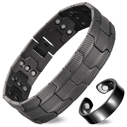 Fashtour 3X Copper Bracelet for Men Triple Ultra Strength Magnets, Masculine Design Pure Copper Magnetic Bracelet & Ring Set, Adjustable Length with Sizing Tool (Gunmetal)