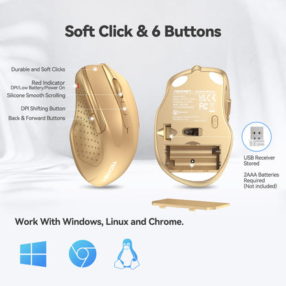 TECKNET Wireless Mouse, 2.4G Ergonomic Optical Mouse, Computer Mouse for Laptop, PC, Computer, Chromebook, Notebook, 6 Buttons, 24 Months Battery Life, 2600 DPI, 5 Adjustment Levels